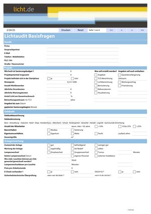 Mit dem Erfassungsbogen (online ausfällbar) werden alle in einem Gebäude vorhandenen Lichtsysteme zentral und vergleichbar dokumentiert. Die ausführliche Liste erfasst auch ergänzende Angaben, wie beispielsweise Projektdaten, laufende Sanierungsprogramme und Informationen zur Anlagenwartung. Sie kann lokal auf dem eigenen Rechner gespeichert werden. Abbildung der Titelseite eines Lichtaudits