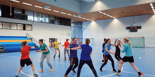 In einer Sporthalle trainieren fünf Paare Angriff und Täuschung beim Ballsport.