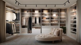 Der begehbaren Kleiderschrank hat an drei Seiten Regale und Kleiderstanden. In der Mitte seht ein rundes Plostermöbel als Sitzgelegenheit. Licht kommt von einer umlaufenden schwarzen Deckenschiene mit Strahlern.